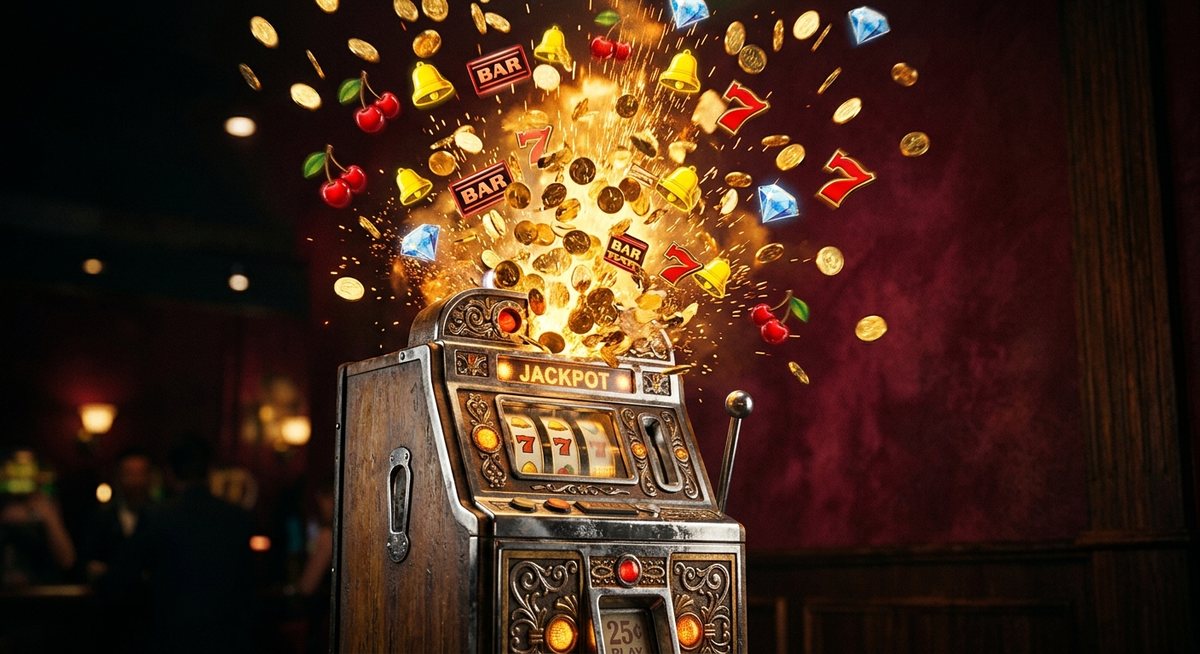 Koin emas dan simbol slot tujuh bel BAR berhamburan keluar dari kabinet mesin slot antik dengan cahaya keemasan dramatis
